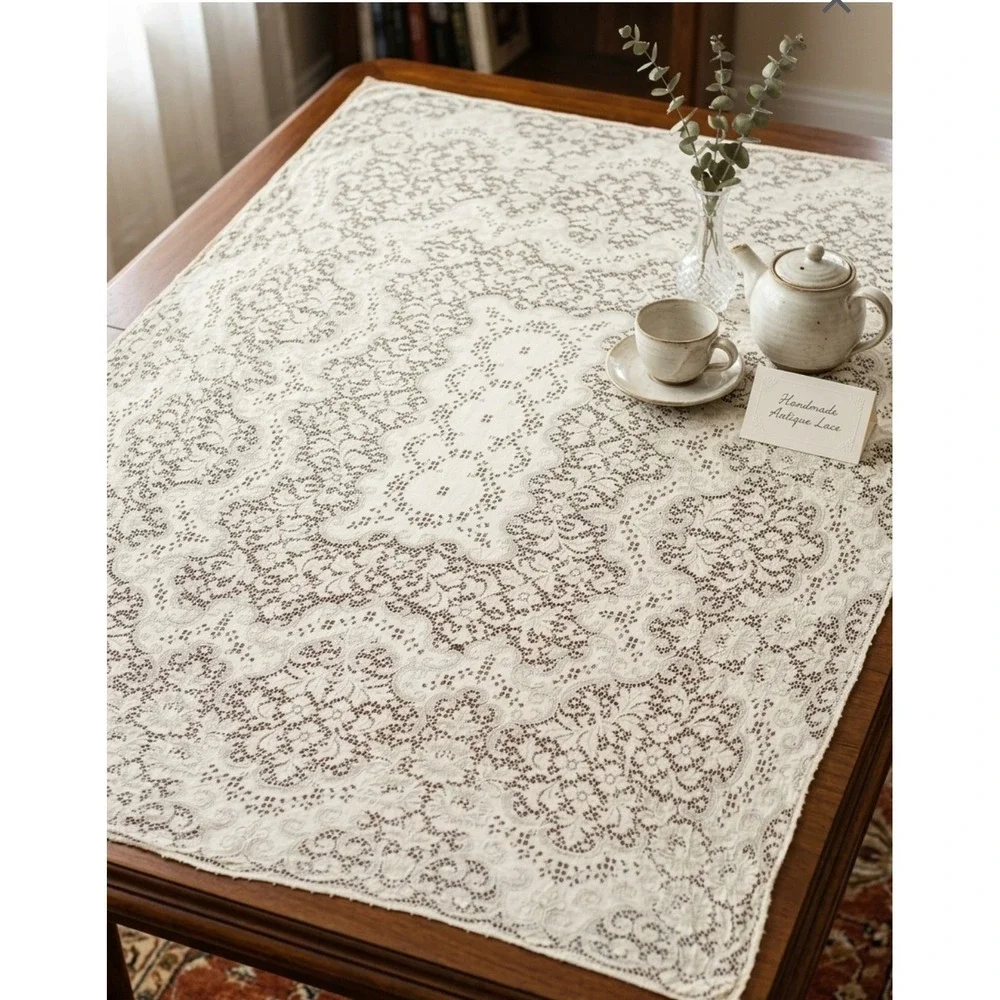 Vintage Cream Lace Tablecloth, 60x72 Rectangle Floral Medallion, Cottagecore